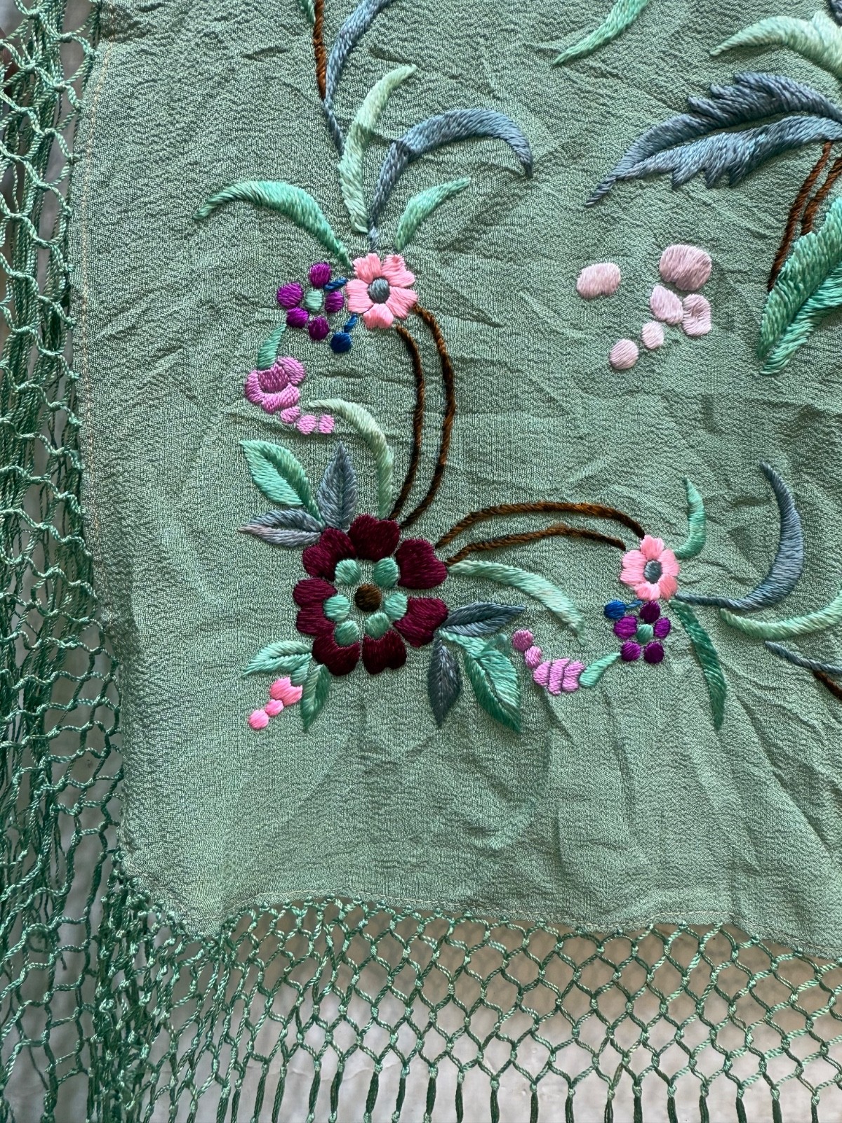 Vintage Manila Silk Embroidered Piano Scarf Shoulder Shawl 120×115 Cm