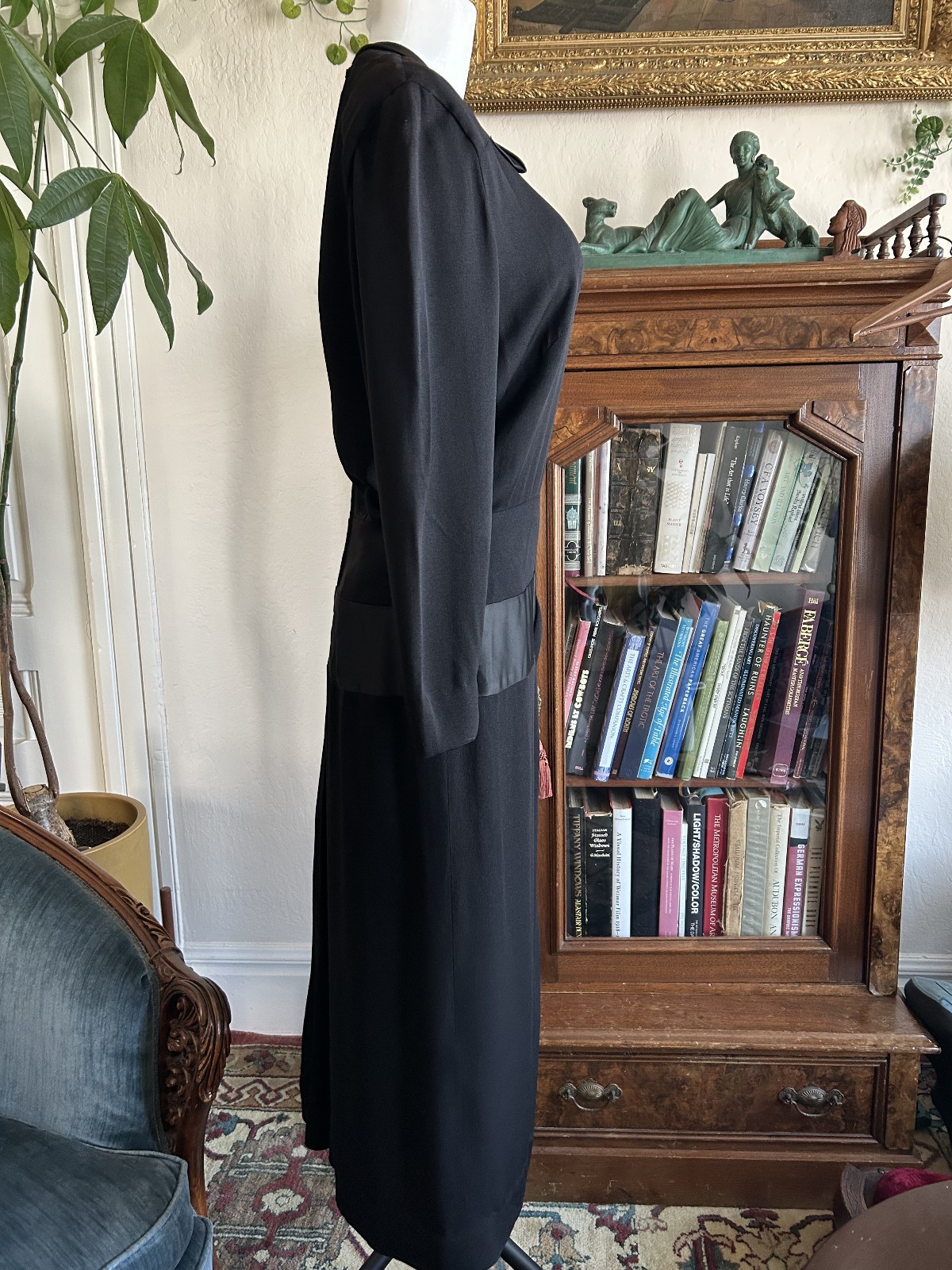 Vintage 1940s Black Satin & Rayon Cocktail Dress w/ Statment Collar Asymmetric M