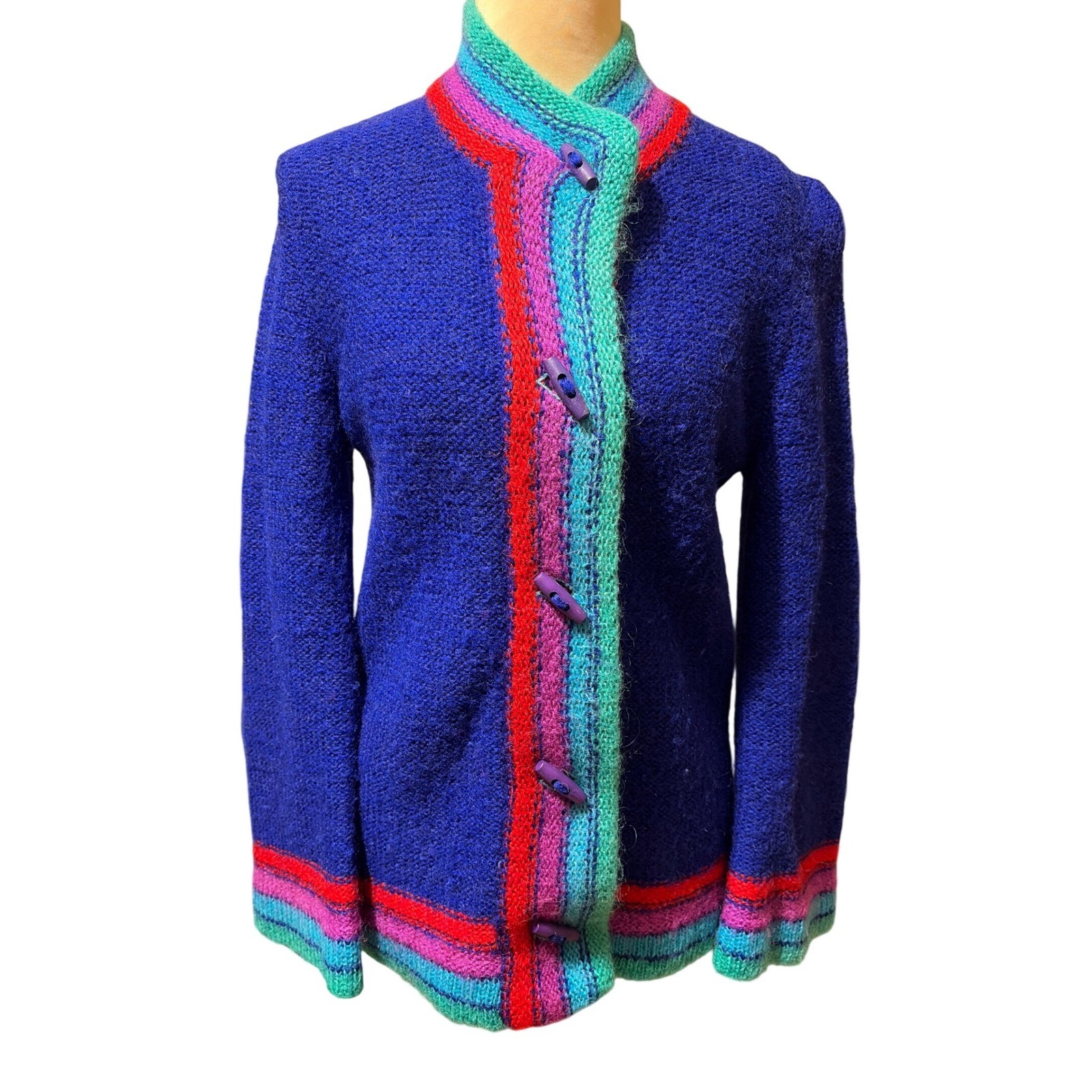 Renee Tener for Outlander VTG Mohair Wool Blend Wood Toggle Cardigan Jewel Color