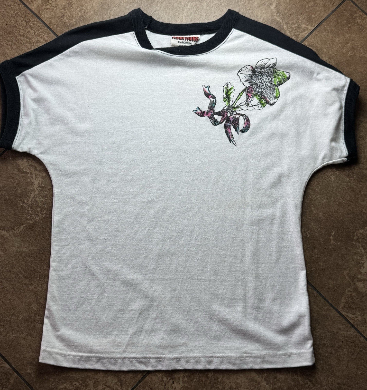 Vintage 80’s Additions By Ronnie White T-shirt Black Raglan Floral Graphic SS
