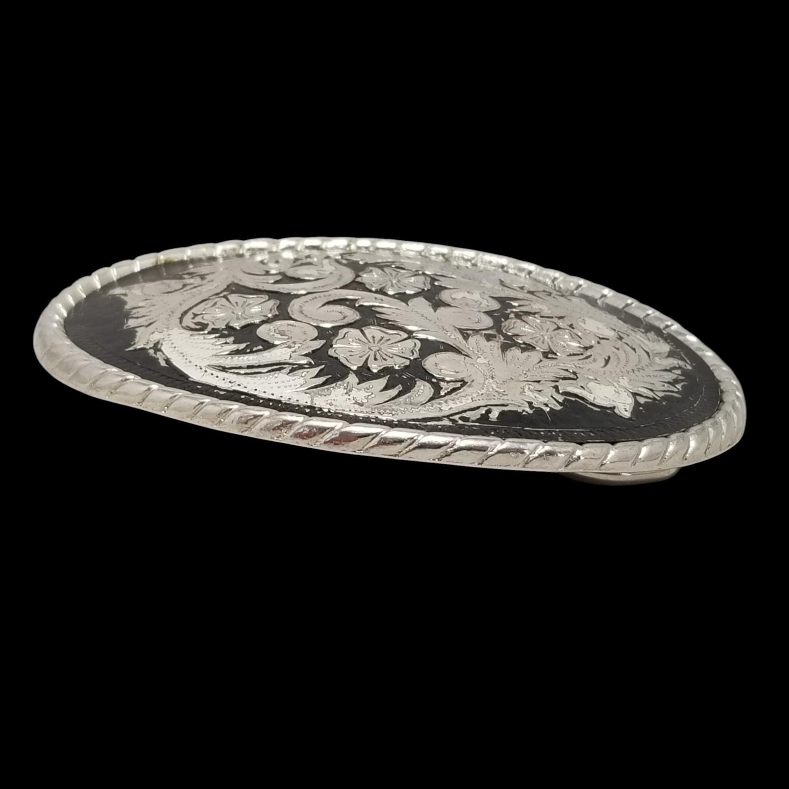 Vintage Belt Buckle Western Filigree Shiny Chrome Silver And Black Color USA W
