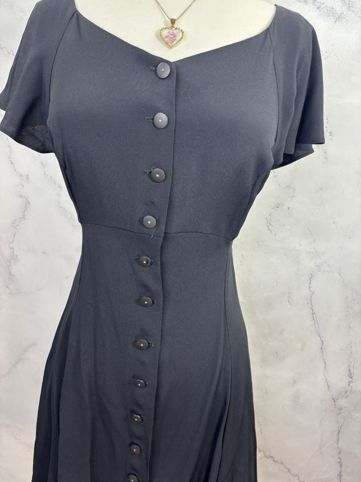 Betsey Johnson 90s USA Dress Sz M Fit Flare Black Punk Goth Emo Button Witchy