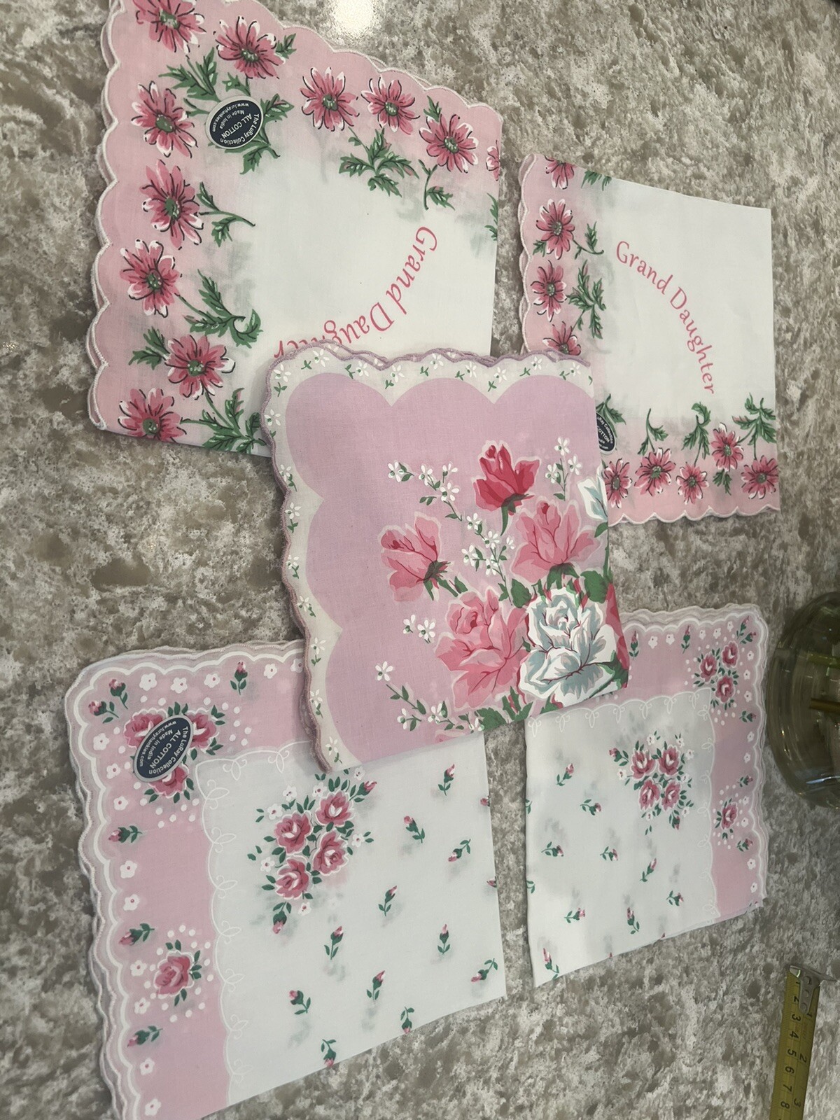 5 New Pink Roses Floral Grand Daughter Handkerchief – LuRay Hankie! Set Vtg