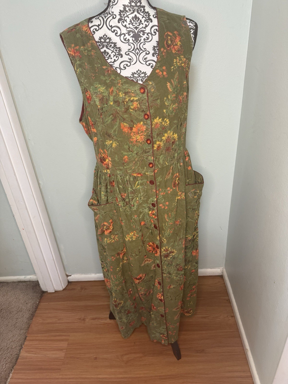 April Cornell Vintage Green Corduroy Dress XXL Sleeveless Button Front Pockets