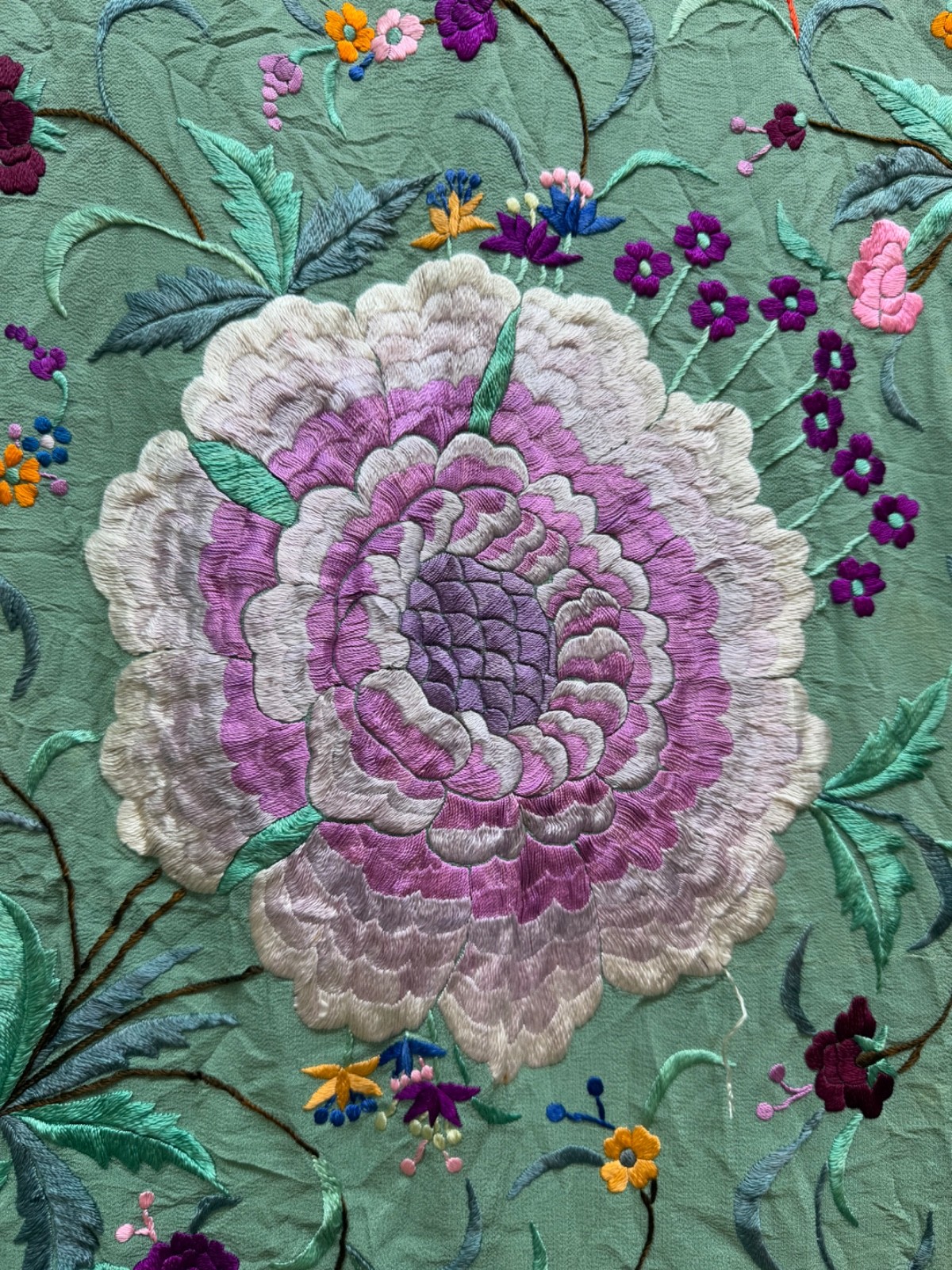Vintage Manila Silk Embroidered Piano Scarf Shoulder Shawl 120×115 Cm