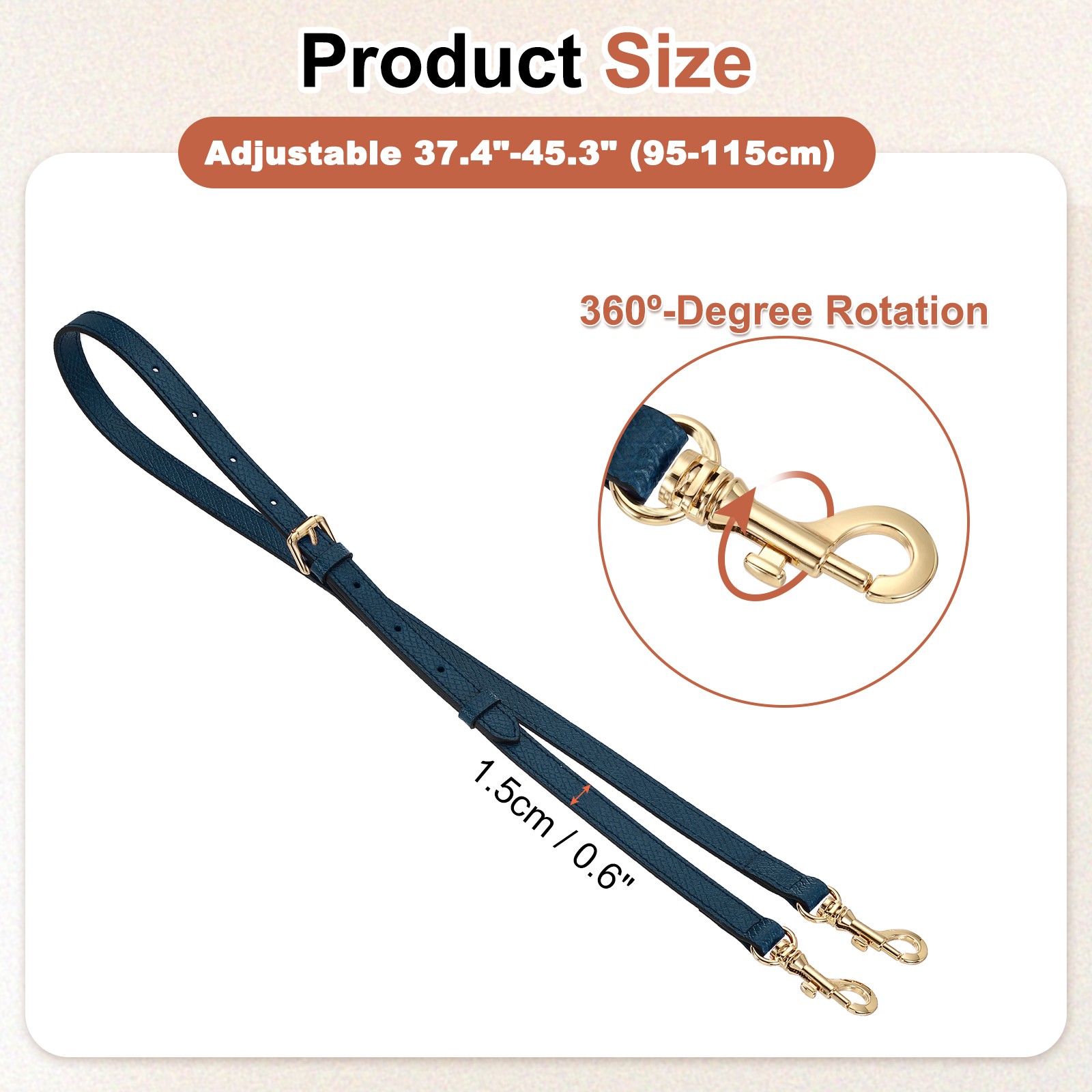 Leather strap for bag, 95-115 cm shoulder strap (dark blue, gold buckle)