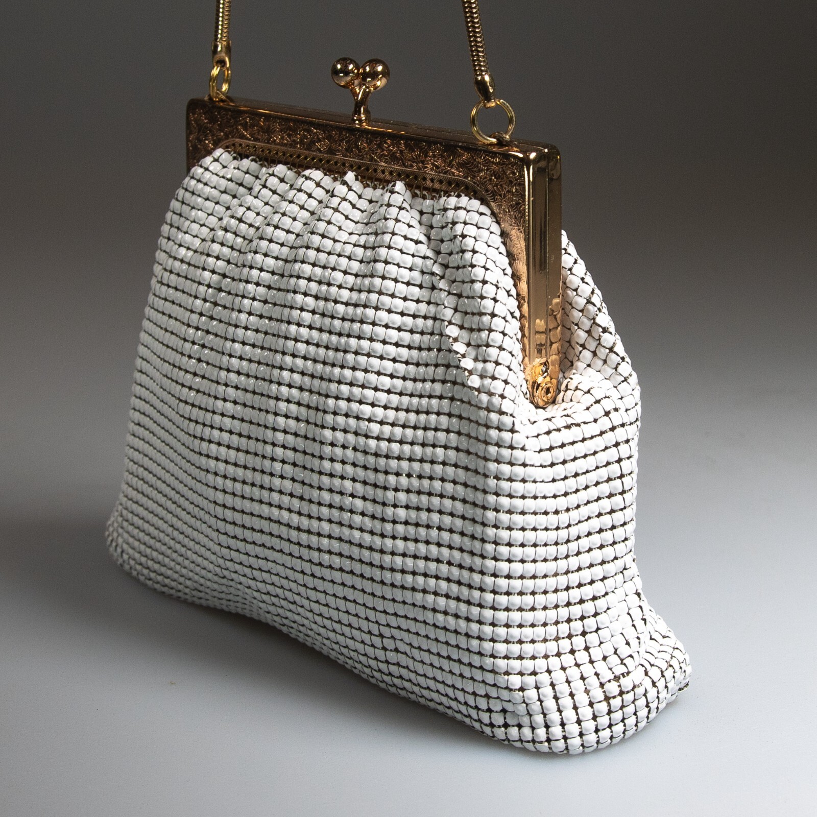 Vintage GLOMESH white and gold small evening bag – in original box