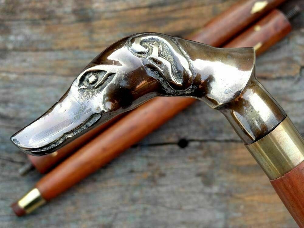 Victorian Brass Dog Handle Head Designer Cane Vintage Wooden Walking Stick Gift