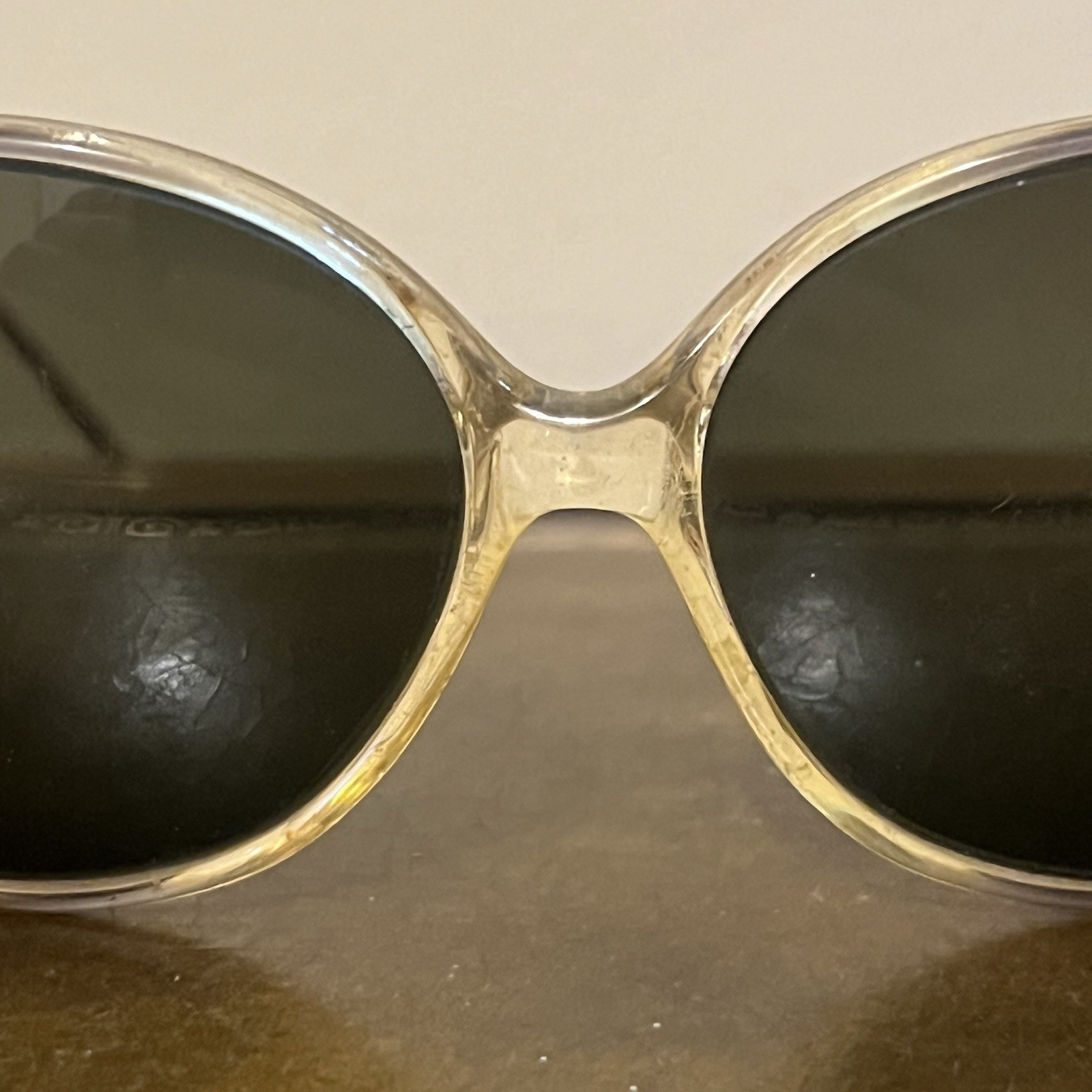 Vintage 70s Oversized Sunglasses Clear Amber Frames Twisted Metal Infinity Arms