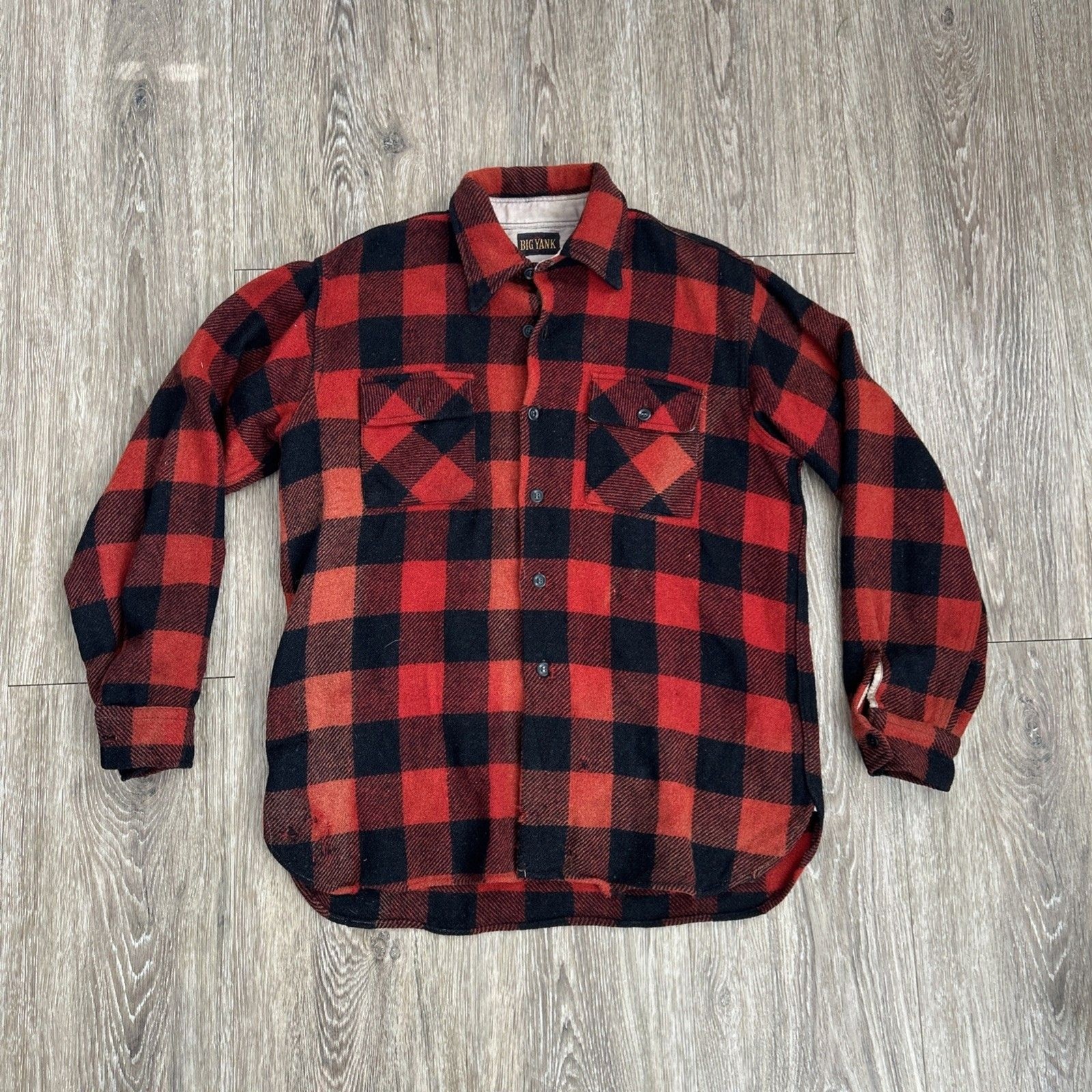 Vtg 1940s 30s Big Yank Buffalo Plaid Wool Button Up Flannel Large Rockabilly Red