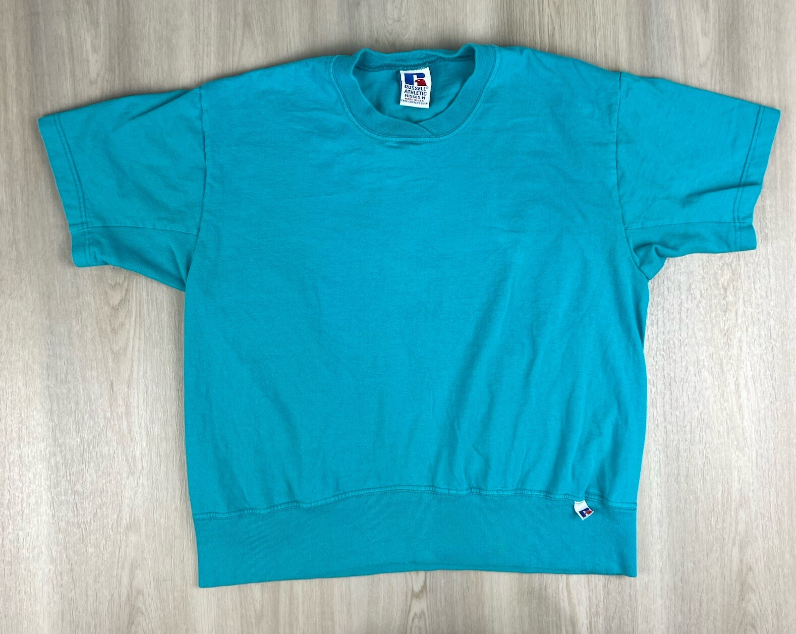 Vintage Russell Athletic Blue Crop Jersey Sleeve Shirt Misses Medium Made in USA
