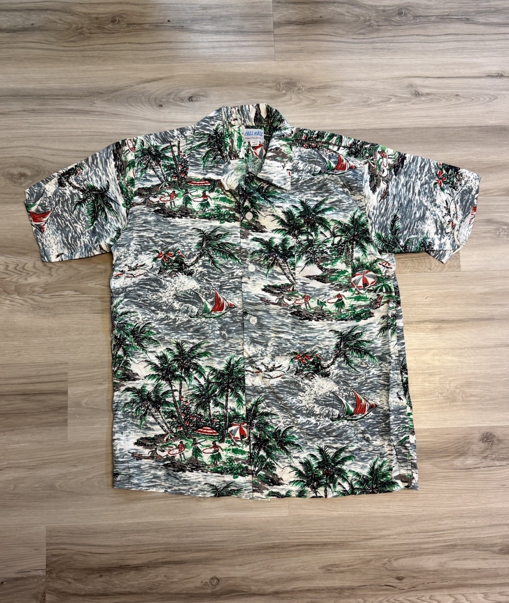 Vintage 1950s Pall Mall Rayon Hawaiian Aloha Shirt Made In Japan Loop Collar L