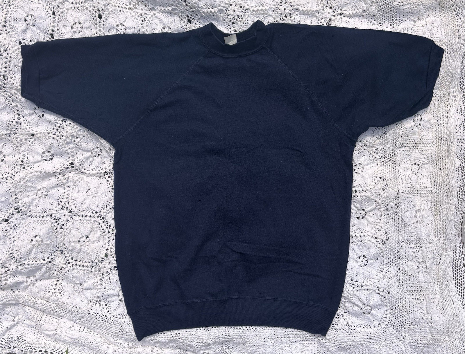Vtg 70s Tultex Casualwear Short Sleeve Sweatshirt L 22″ Ptp Navy Crewneck USA
