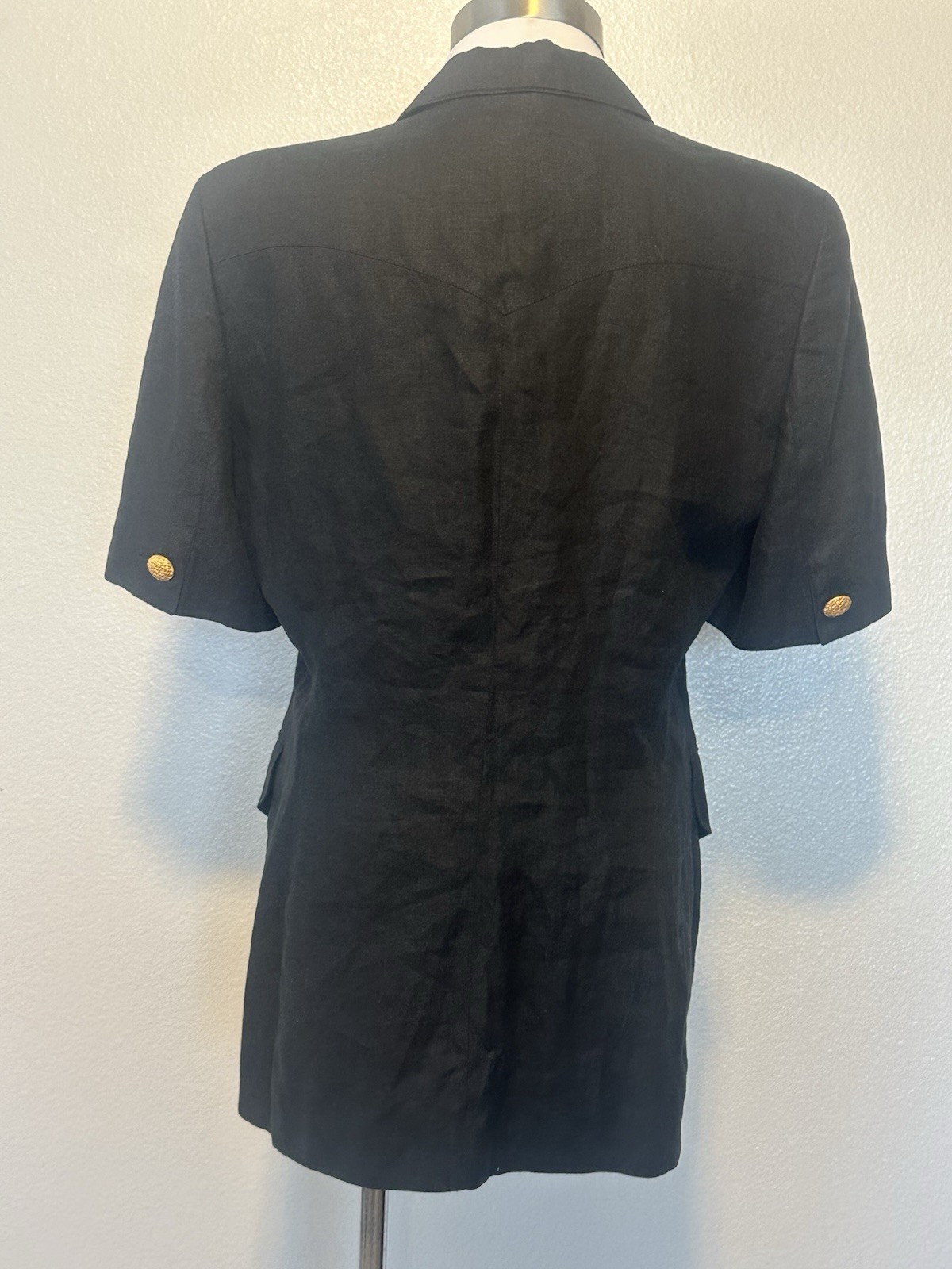 VTG ESCADA Margaretha Ley SZ.40 M Black 100% Linen Gold Button S/S Jacket Blazer