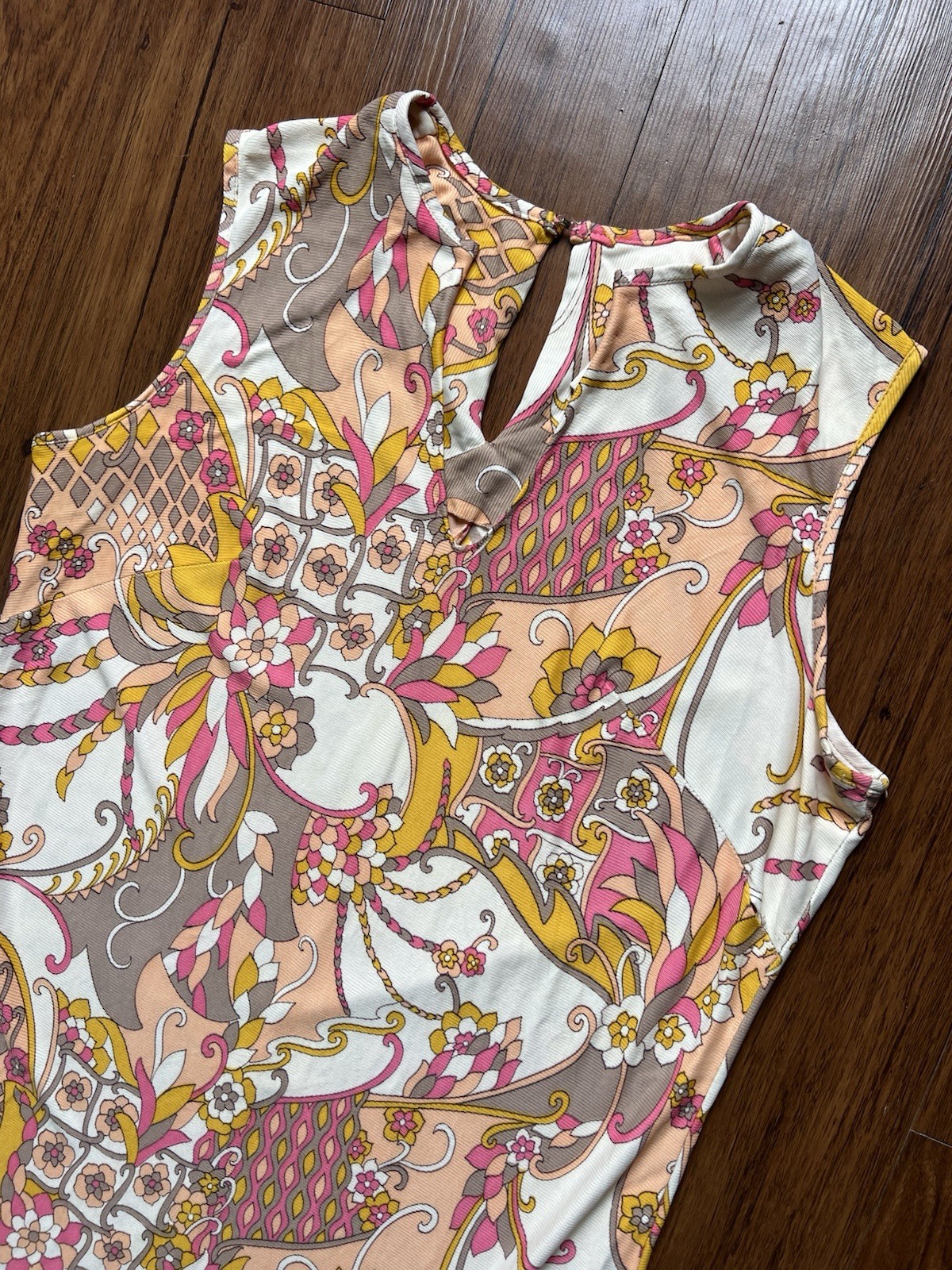 Vintage 70s Psychedelic Shift Dress XL Sleeveless Mod Groovy Pink Yellow Orange