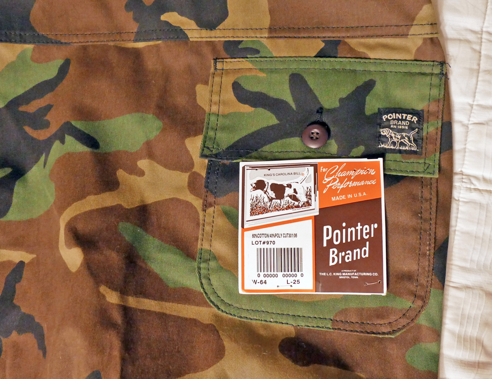 vintage Pointer Brand mens camo cotton-poly pants, size 64W 25L – new with tags
