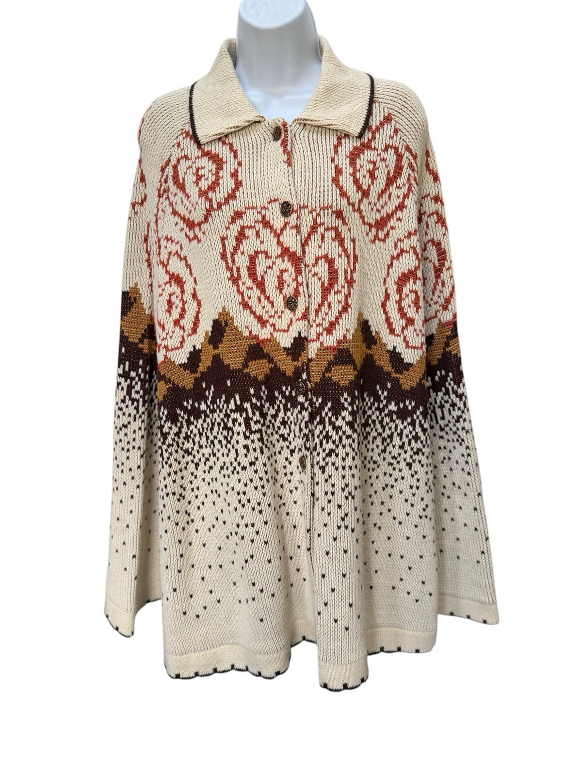 VTG 70S BOHO STURBRIDGE ROOSEVELT KNIT CAPE PONCHO COTTAGE CORE FOLK EARTH TONES