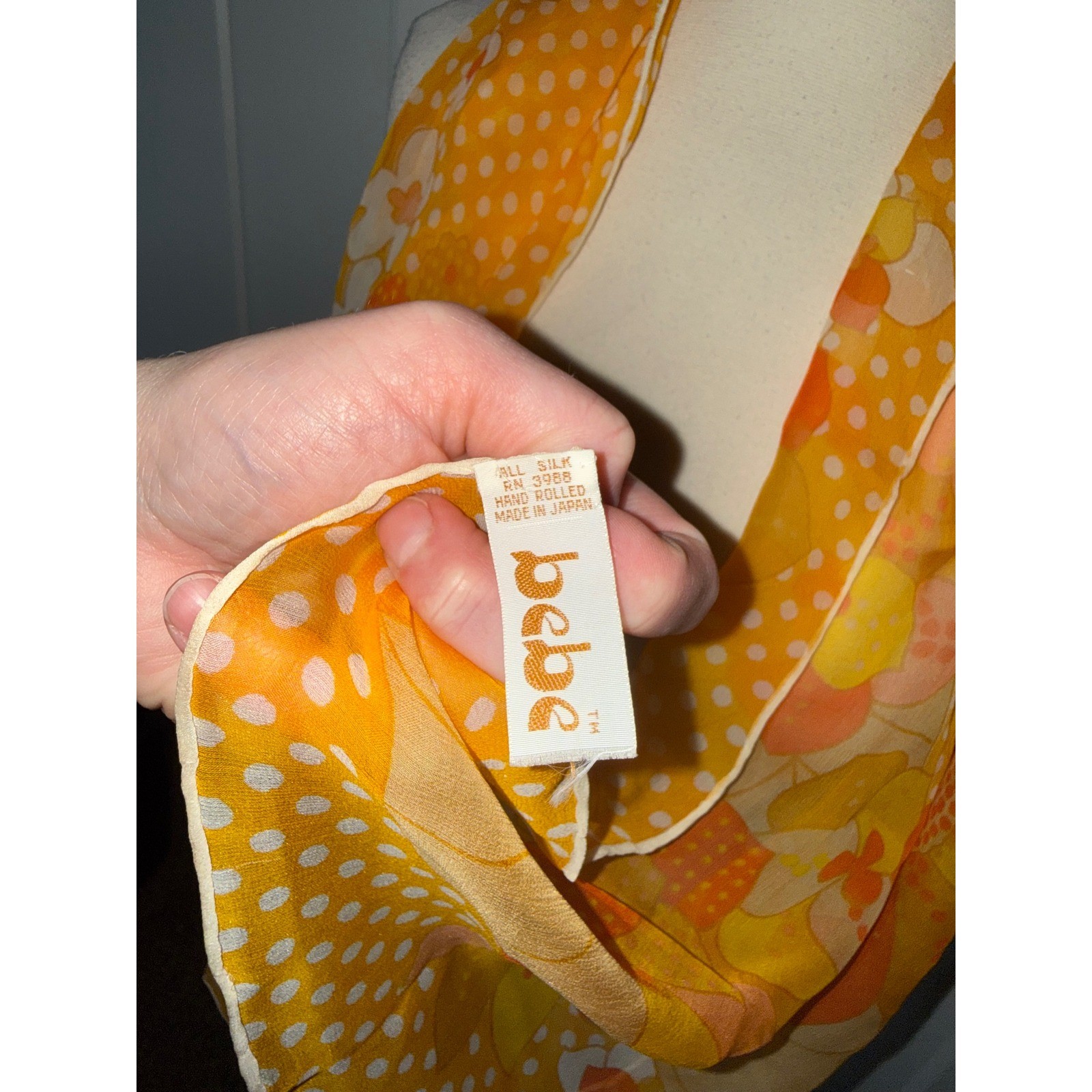 Vintage Bebe Silk Scarf Orange Yellow Floral Polka Dot Hand Rolled Made in Japan