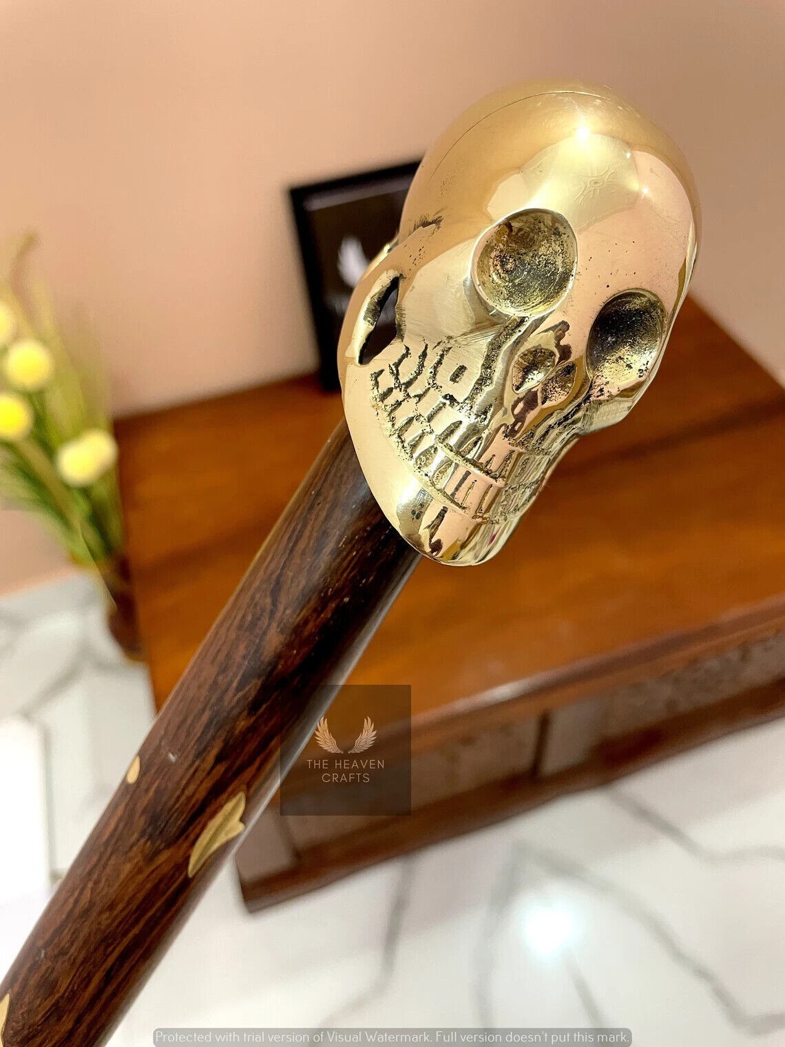 Solid Brass skull head Handle Vintage Designer Wooden Walking Stick Cane Antique