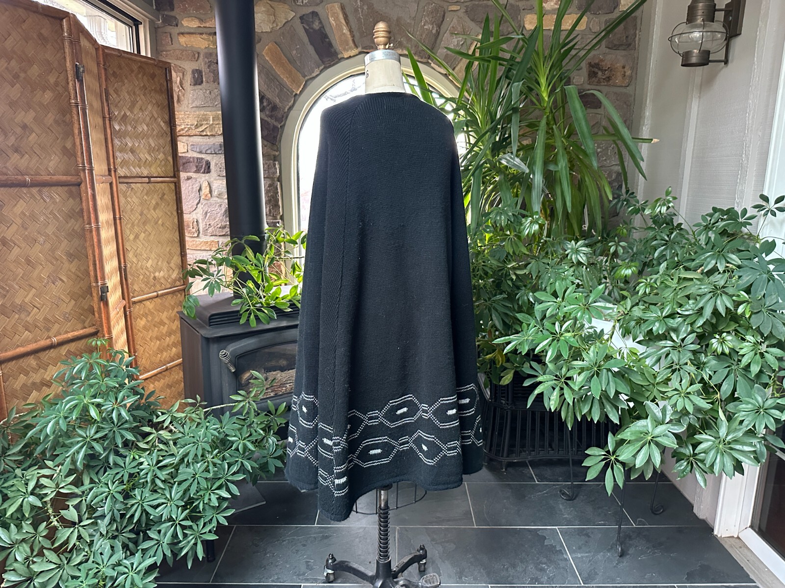 Vintage 1970s Black and White Acrylic Button Front Knee Length Cape Sturbridge
