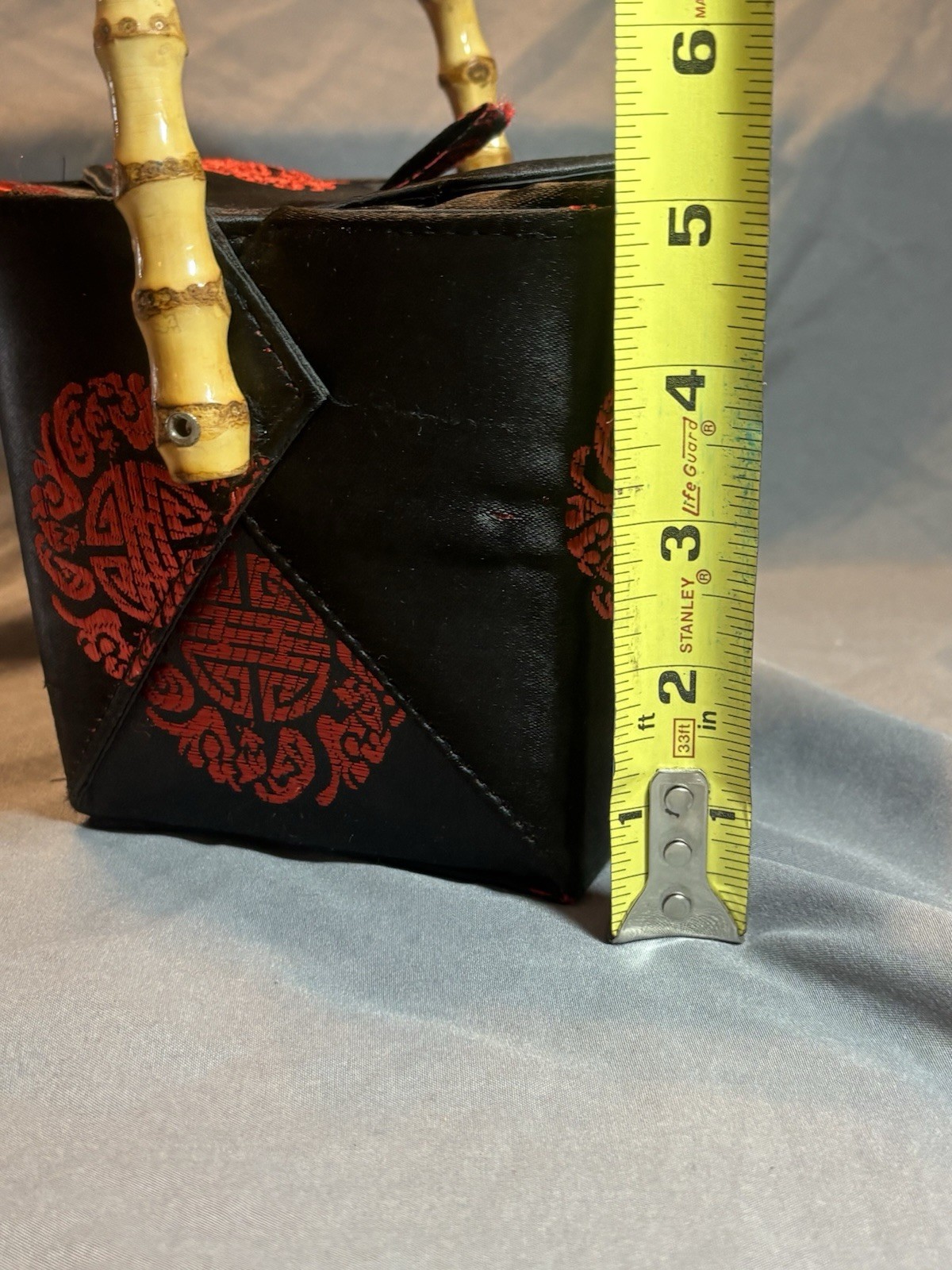 Asian Tozai Take out Box Hand Purse with Natural Bamboo Handle- Estate Find