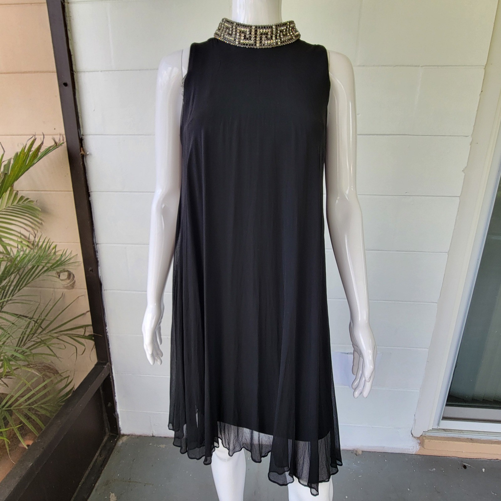 VTG 60s Tee-ca New York Dress Black Women’s XS Mod Beaded Greek Key Cocktail