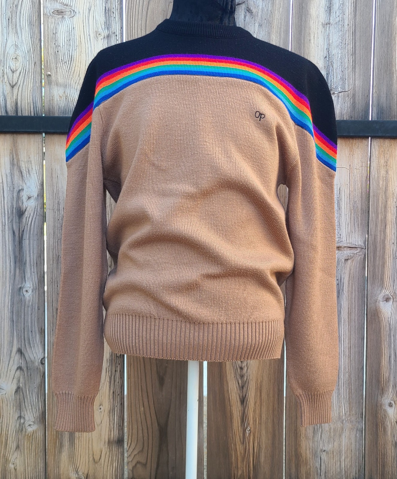 Vintage Ocean Pacific Rainbow Sweater Sz Large 1970s Oatmeal Brown Stripes