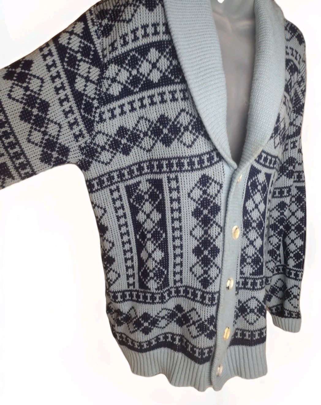 Vintage Men’s Shawl Collar Cardigan Fair Isle Nordic Orlon USA Blue Large L
