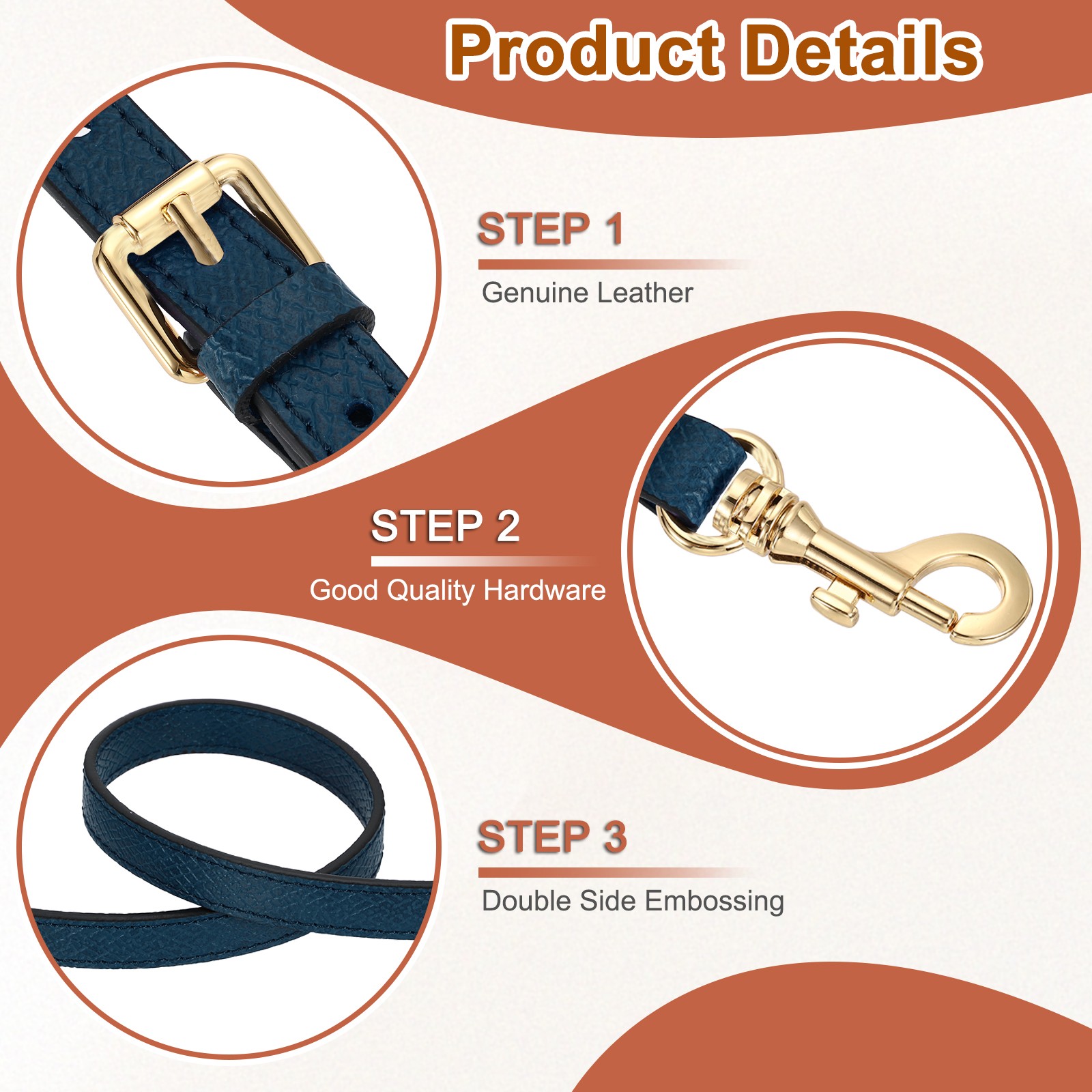 Leather strap for bag, 95-115 cm shoulder strap (dark blue, gold buckle)