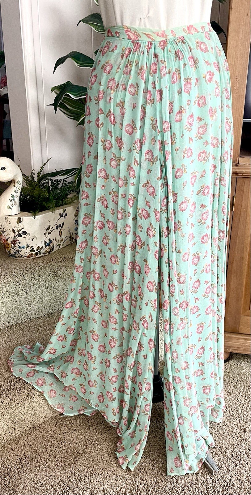 Vtg 70’s ALLEY CAT by BETSEY JOHNSON Chiffon Palazzo Pants Pink Roses Sz 7/8