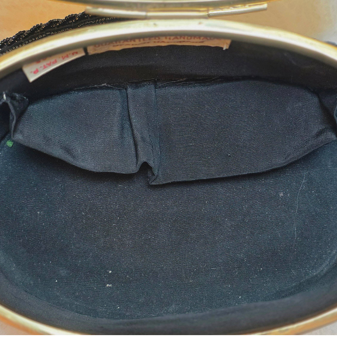 Vintage 1950s Oval Black Beaded Box Purse Floral Handmade Japan Mirror Beads
