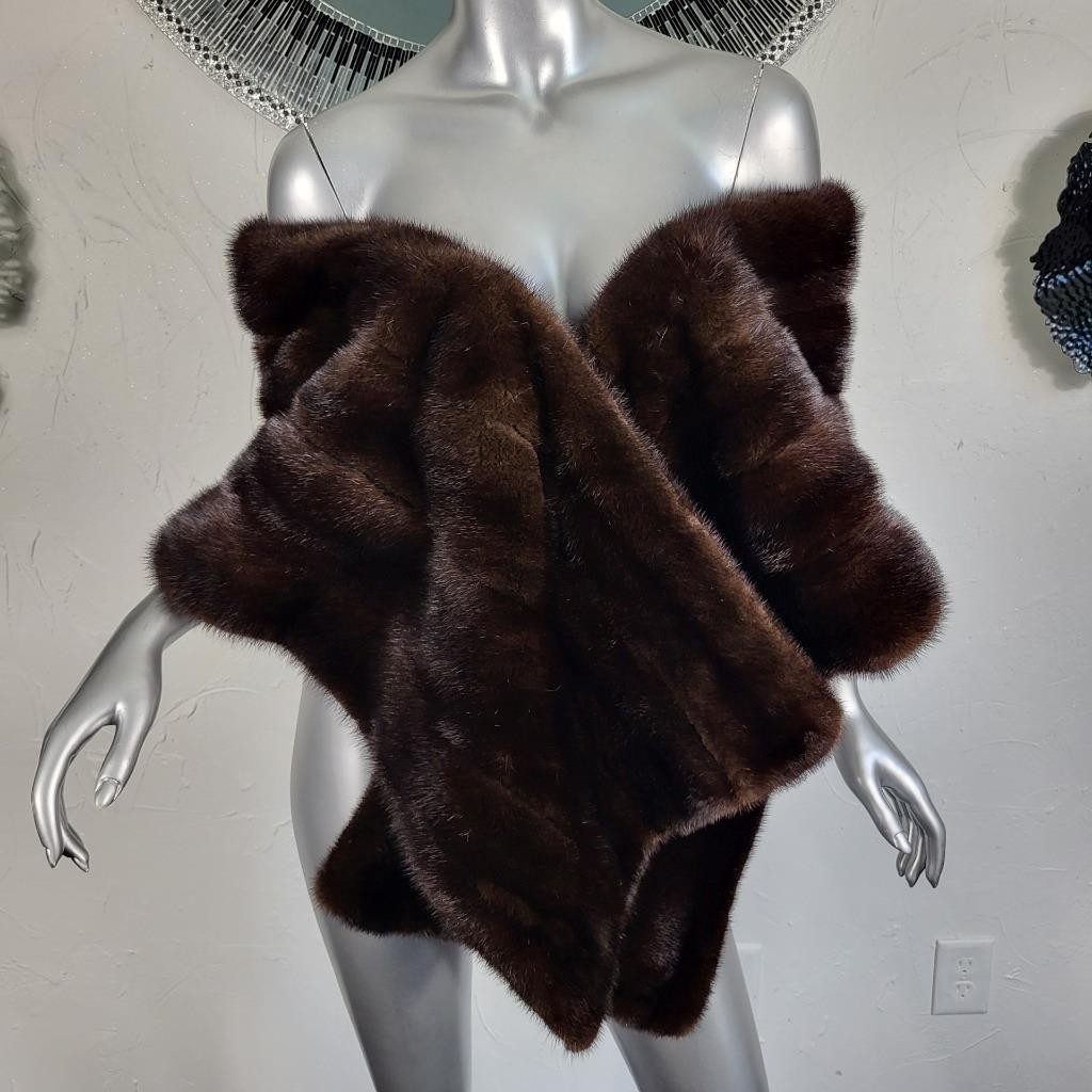 VINTAGE RANCH MAHOGANY BROWN GENUINE REAL MINK FUR STOLE WRAP COAT SHAWL
