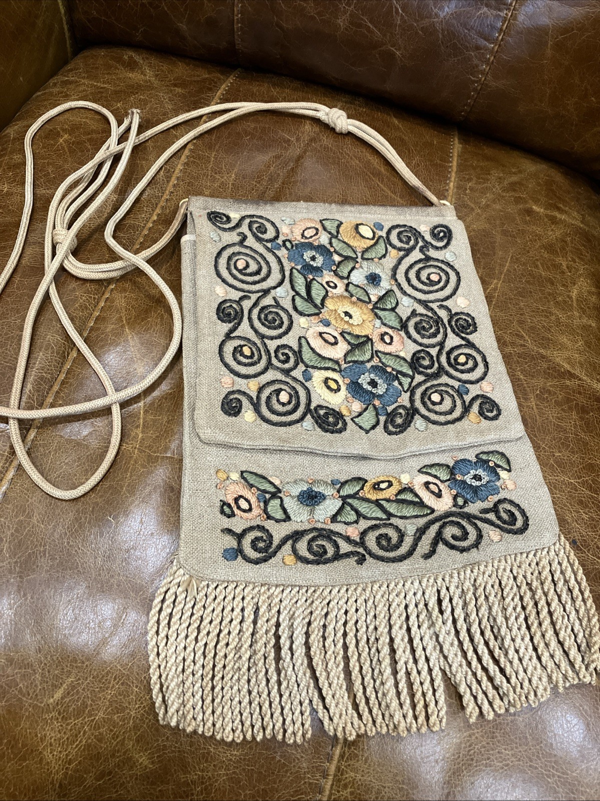 Antique Vintage Arts and Crafts Linen Bag Crossbody Handbag 12.5” X 7.5”