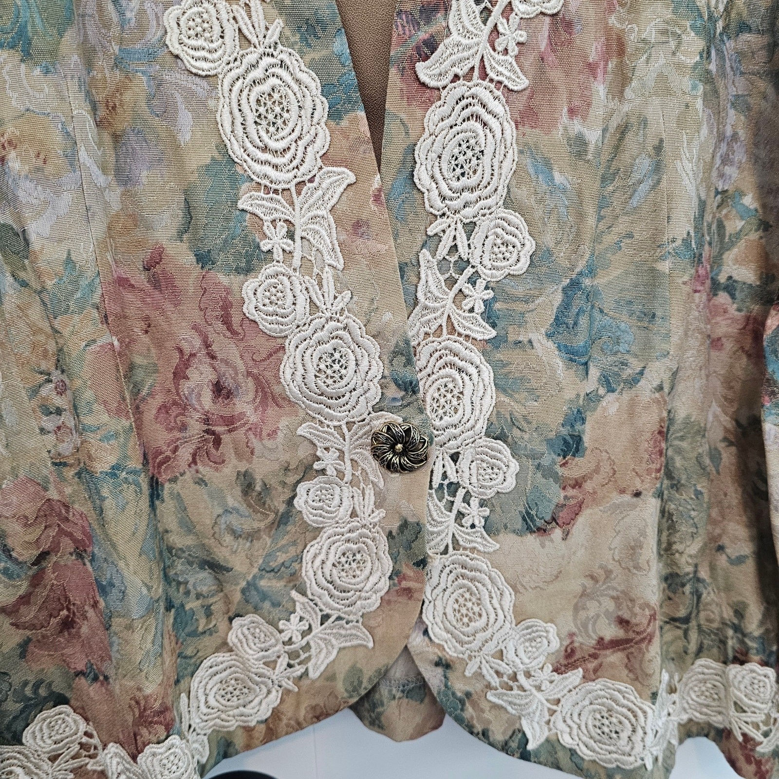 Vintage Classics Blazer Womens Size 18 Beige Lace Cottagecore Preppy Floral