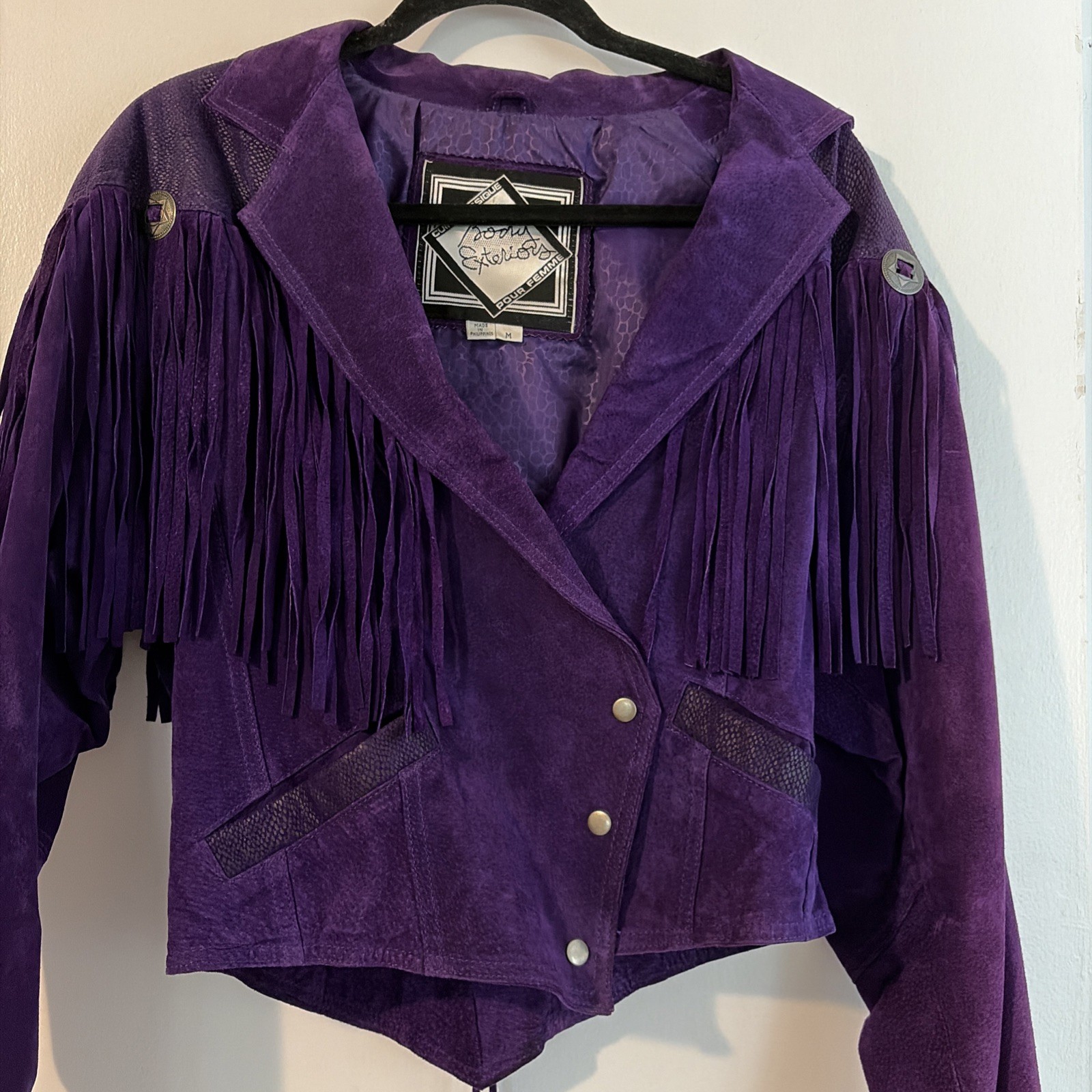Vintage 80s Leather Fringe Motorcycle Jacket Western Tassel 80s fringe Concho ￼