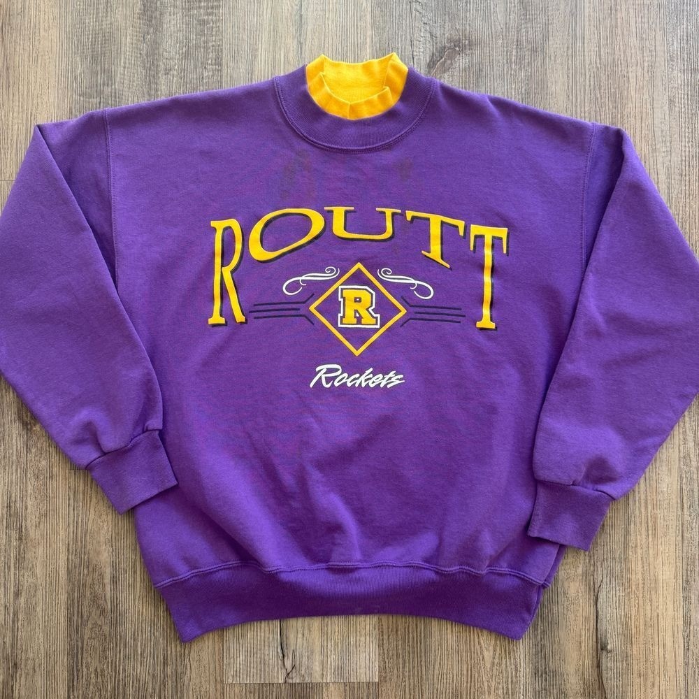 VTG Routt Rockets Mock Neck Sweatshirt Sz Large Purple and Yellow Dodger