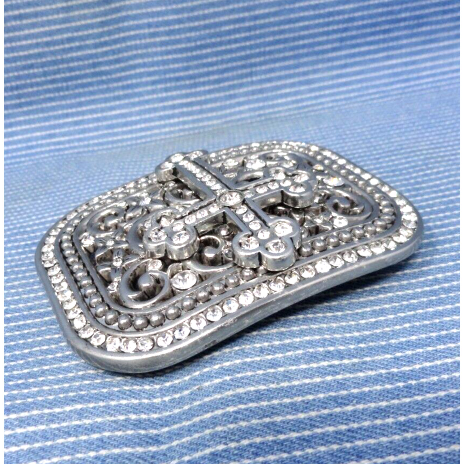 Western Cross Belt Buckle Rhinestones Floral Scroll Religious Vtg 90s .TYC831