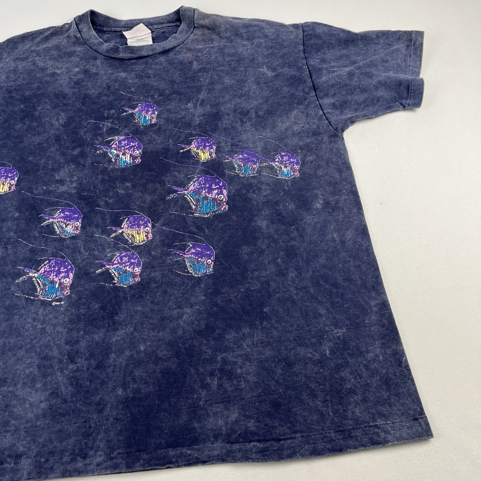 Vintage Single Stitch T Shirt Sz Medium Hanes Angler Fish Graphic Blue Acid Wash