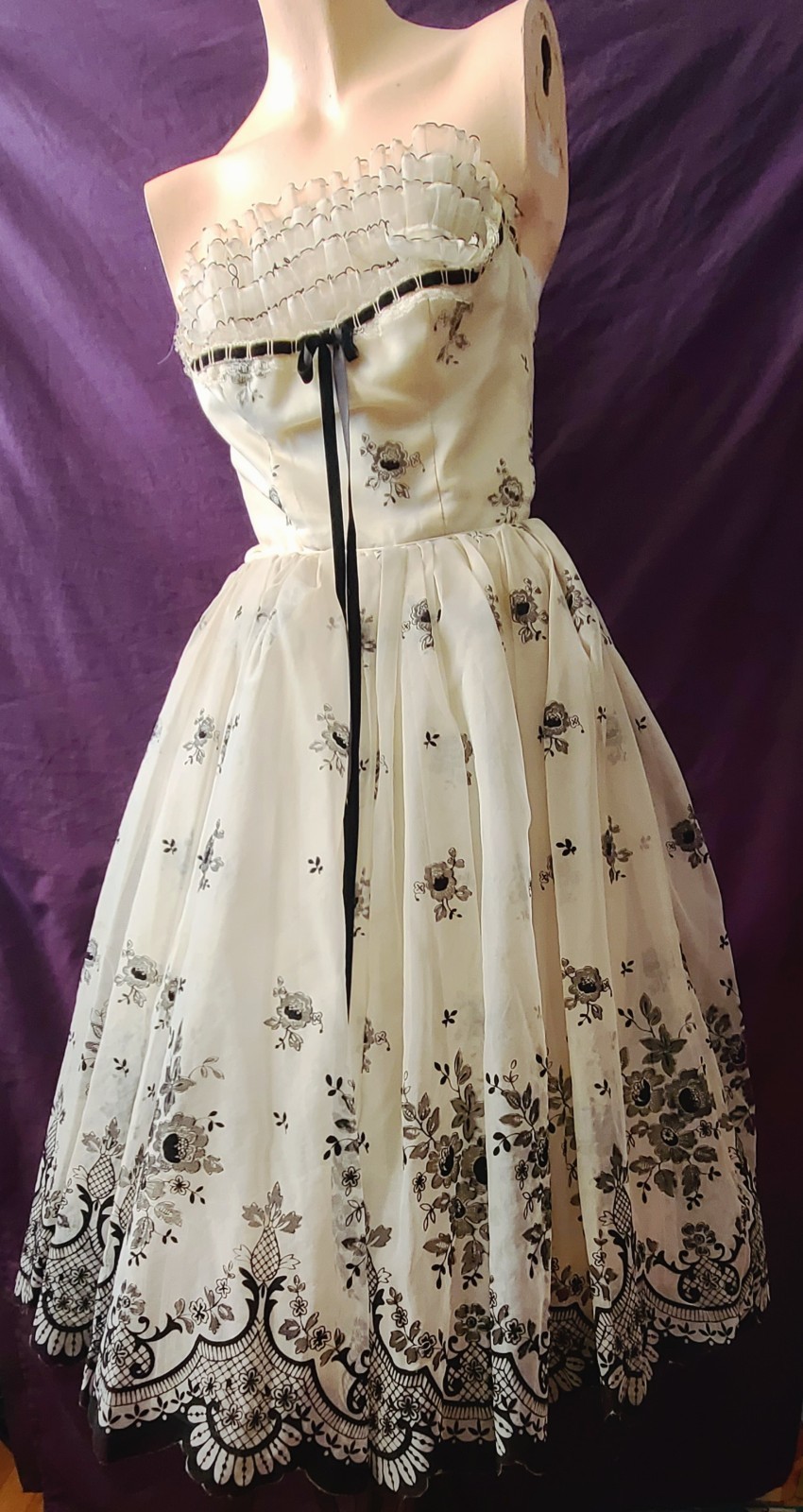 VTG 1950s Floral Party Dress XXS Metal Zip Flocked Chiffon Sabrina Bust Darts