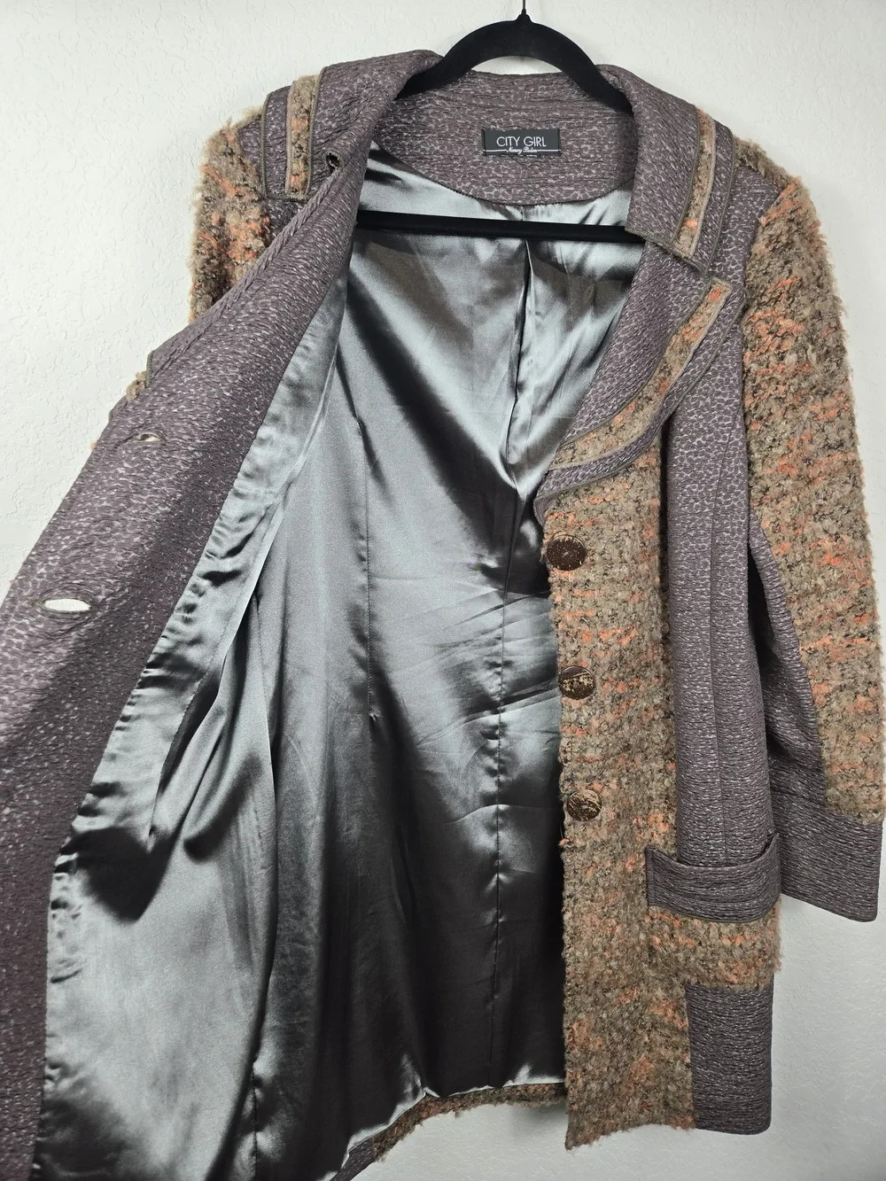 Vintage City Girl Nancy Bolen Bouclé Coat Jacket Brown Orange Textured M/L USA