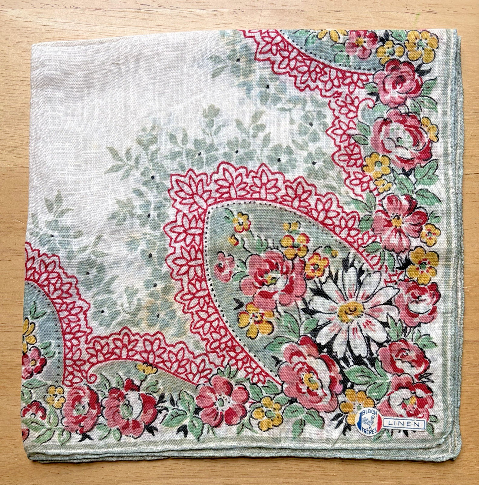 VINTAGE BLOCH FRERES FRANCE LINEN HANDKERCHIEF 15″