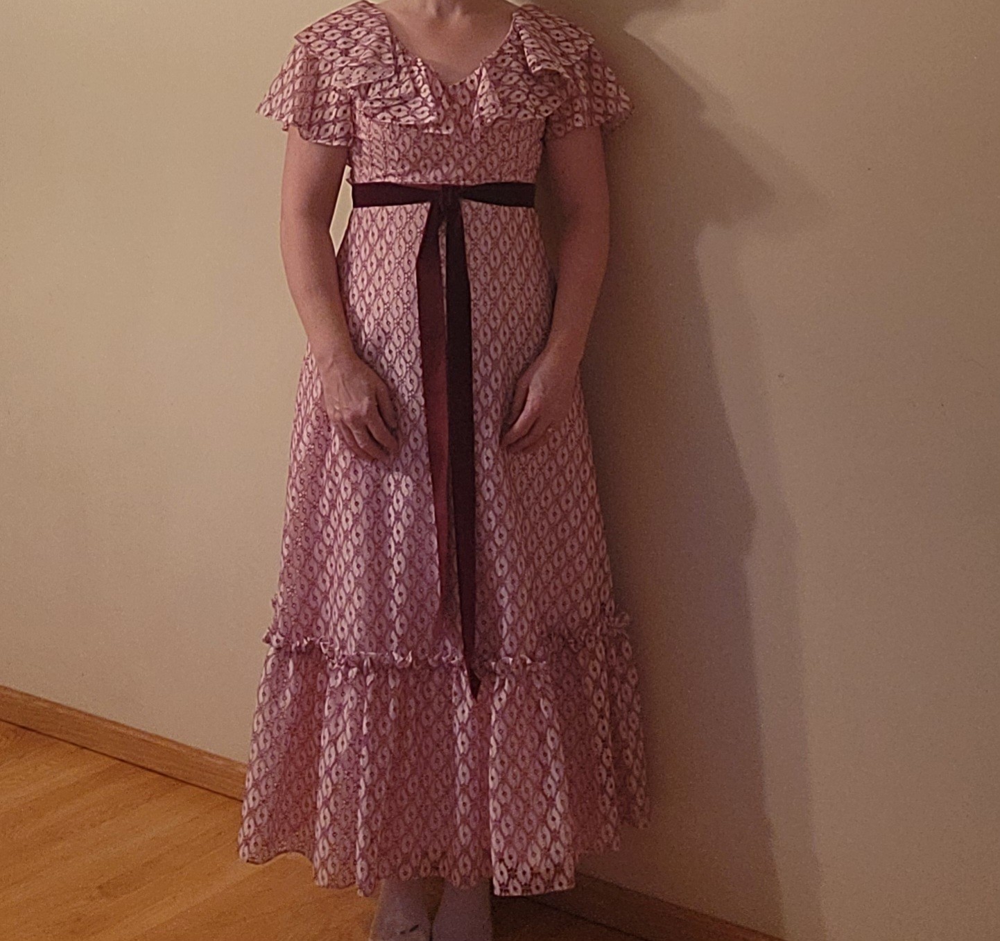Vtg ILGWU Cottage Core Dress Pink Lace Maxi Ruffle/Layered Cap Sleeve Juniors 11