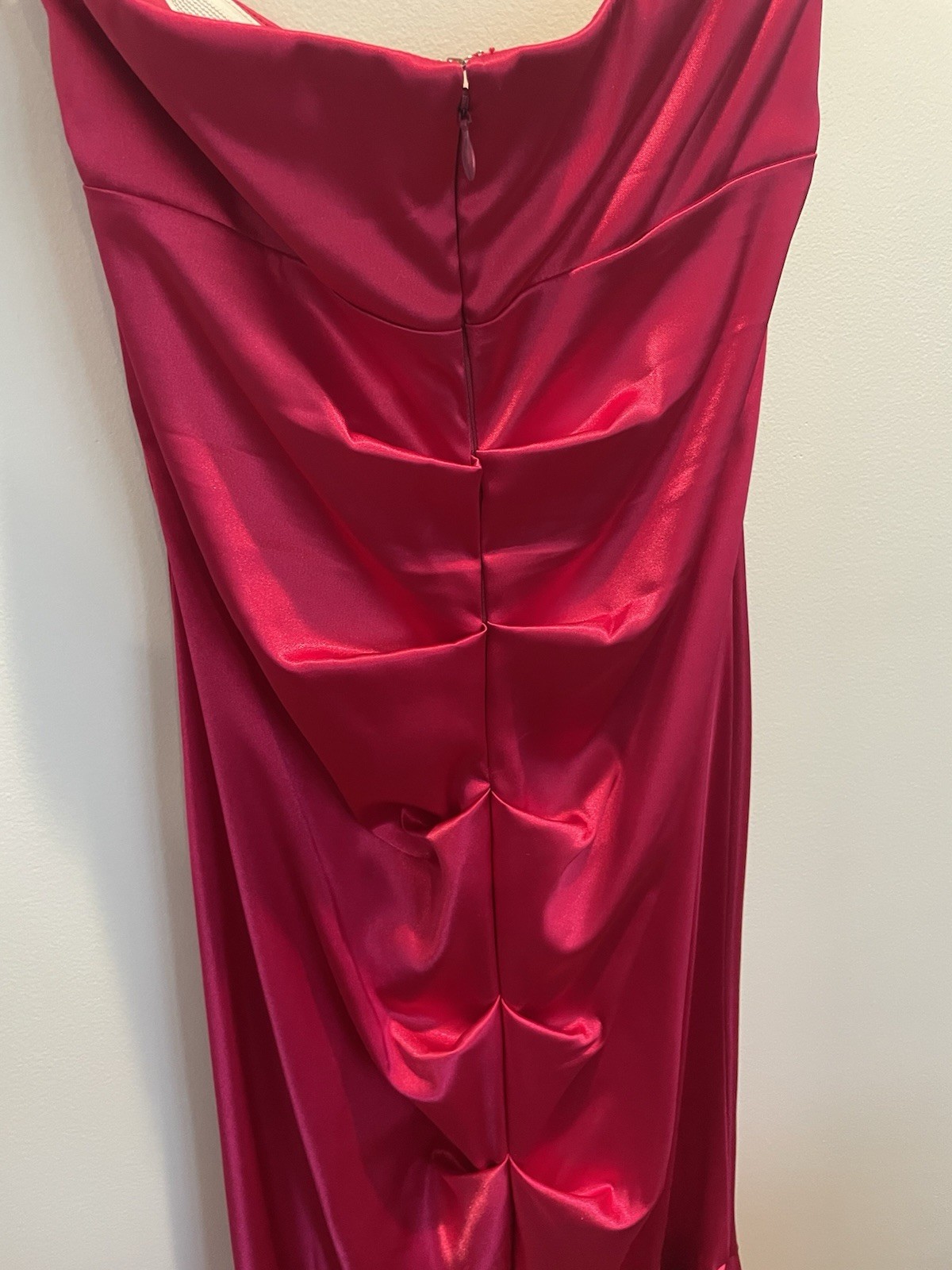 Xscape Red Satin Sweetheart Strapless Ruched Rhinestone Long Gown Size 12