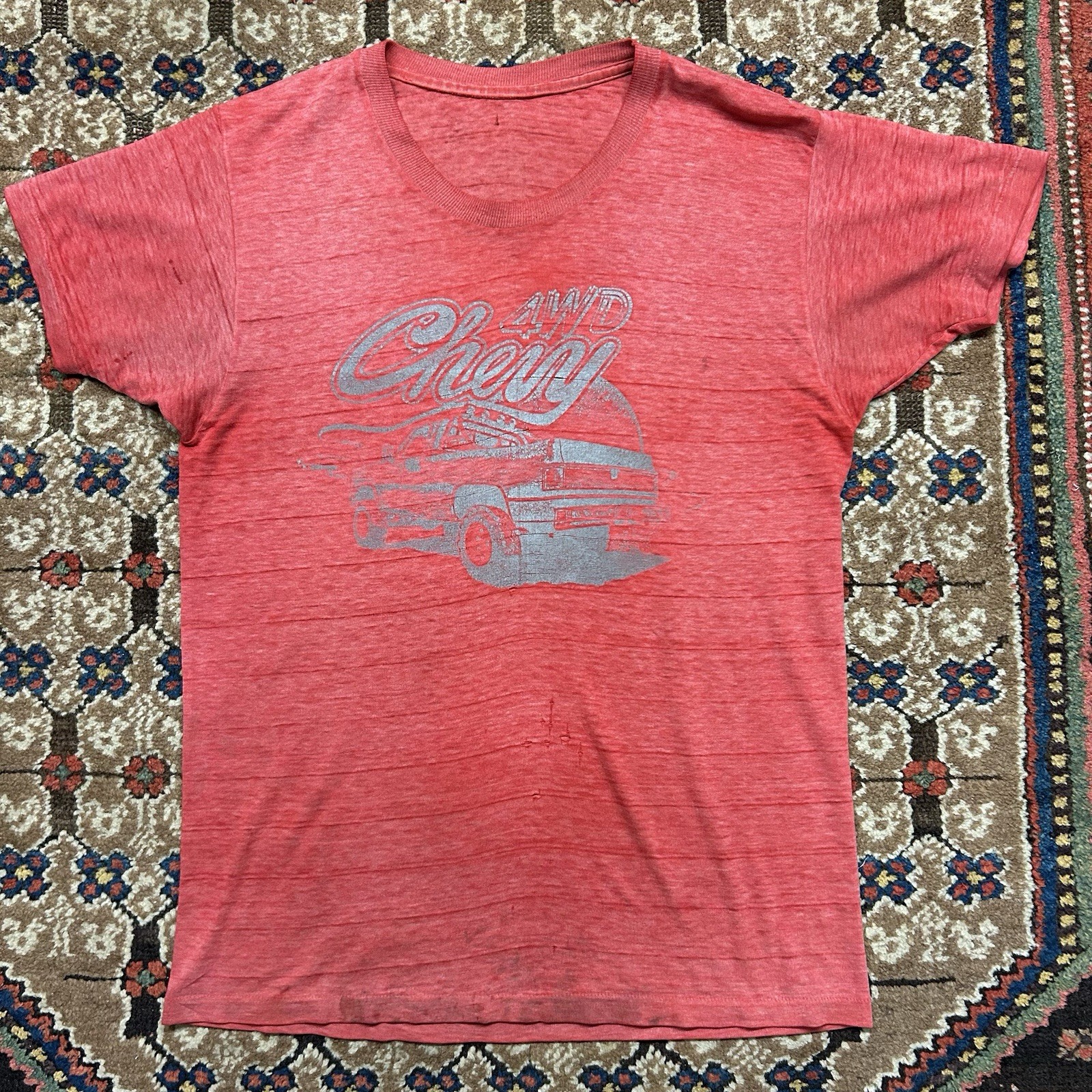 Vintage 1970s 80s Chevy 4WD Paper Thin Tshirt Sz L – Faded Red