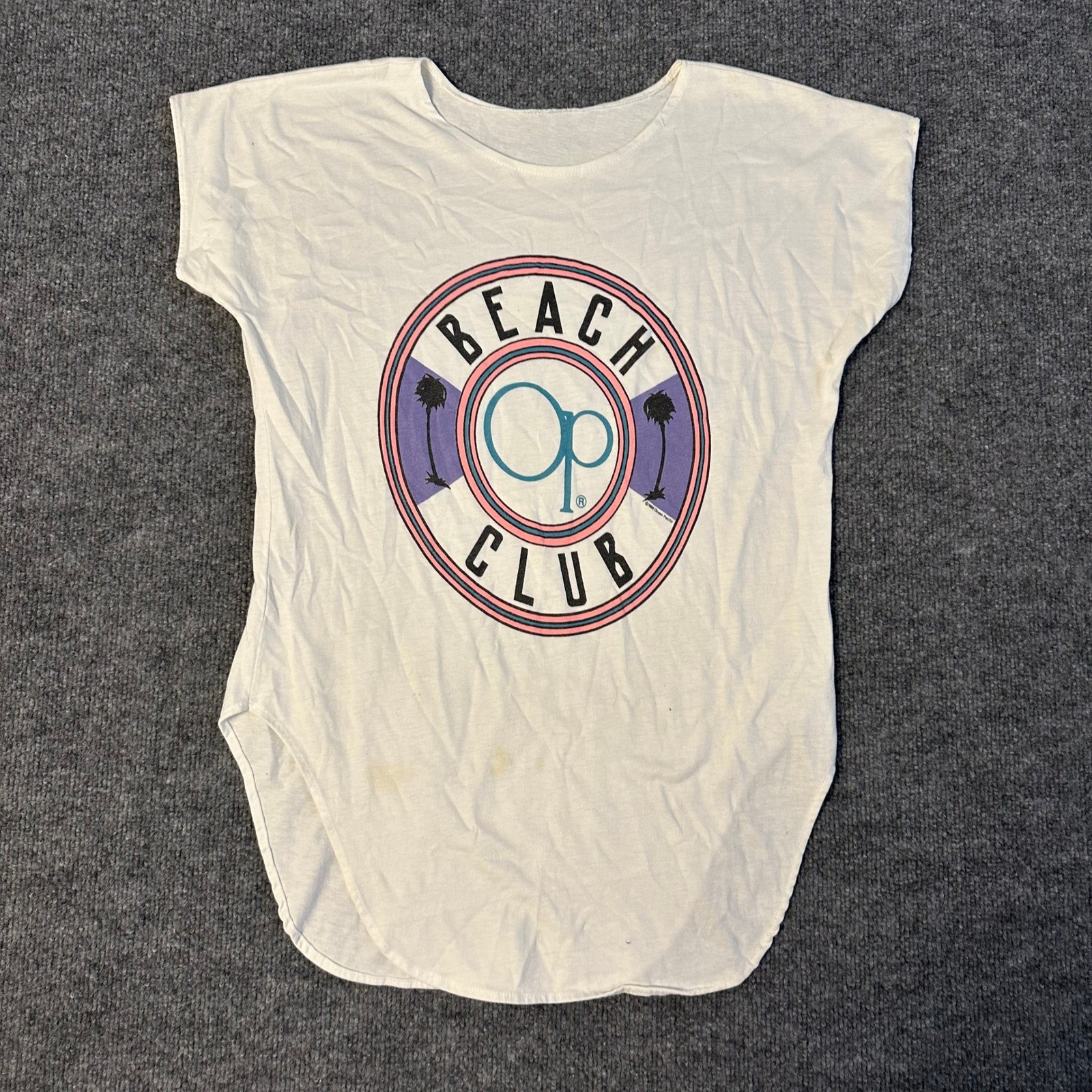 Ocean Pacific T Shirt Womens Size S White Vintage Beach Club Graphic Curved Hem