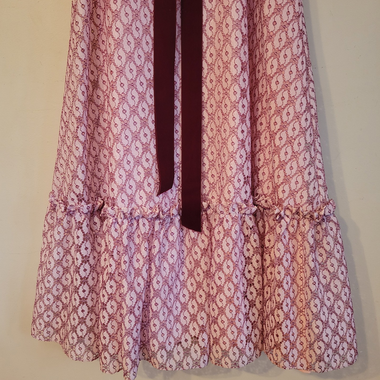 Vtg ILGWU Cottage Core Dress Pink Lace Maxi Ruffle/Layered Cap Sleeve Juniors 11