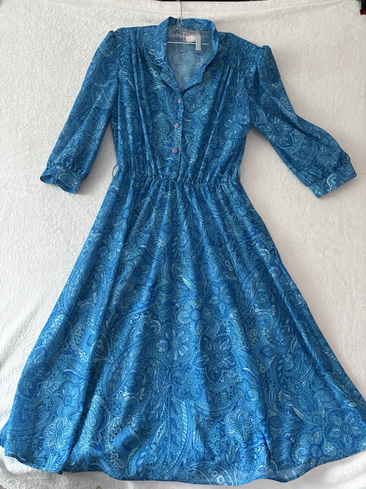 Vintage Mid-70’s Blue Dress Size 16 Secretary Brunch Church