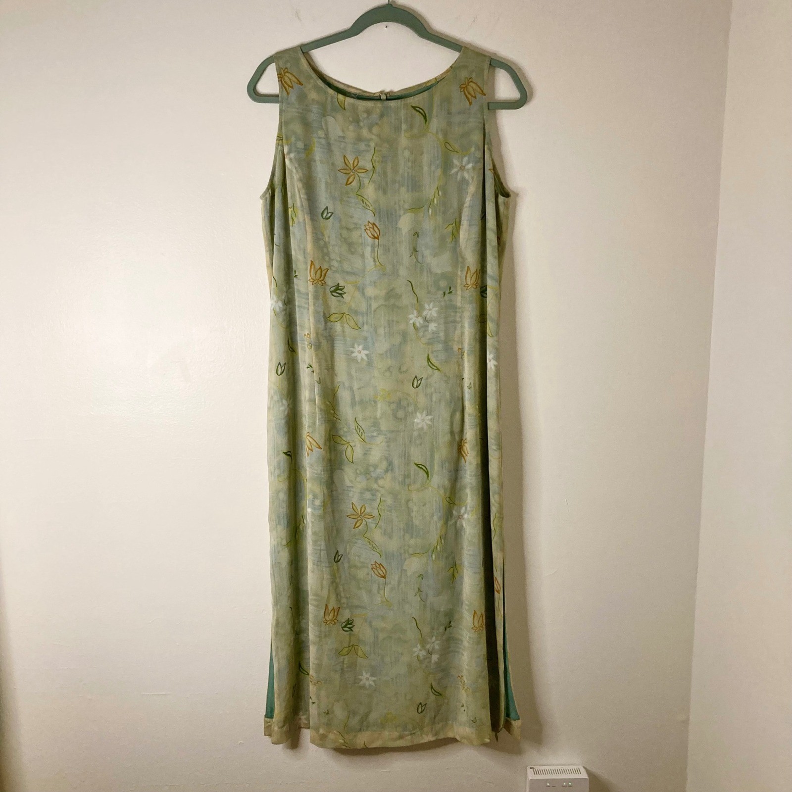 Ballinger Gold Vintage 100% Silk Embroidered Floral Midi Sheath Dress L