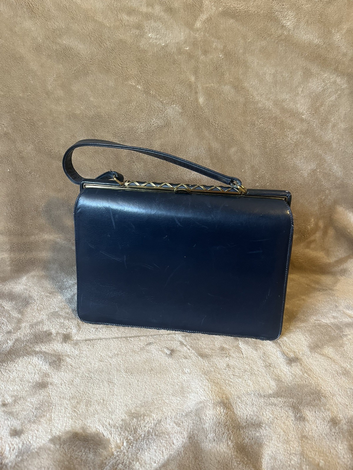 Vintage Mid Century Nicholas Riech Dark Navy Leather Structured Hand Bag