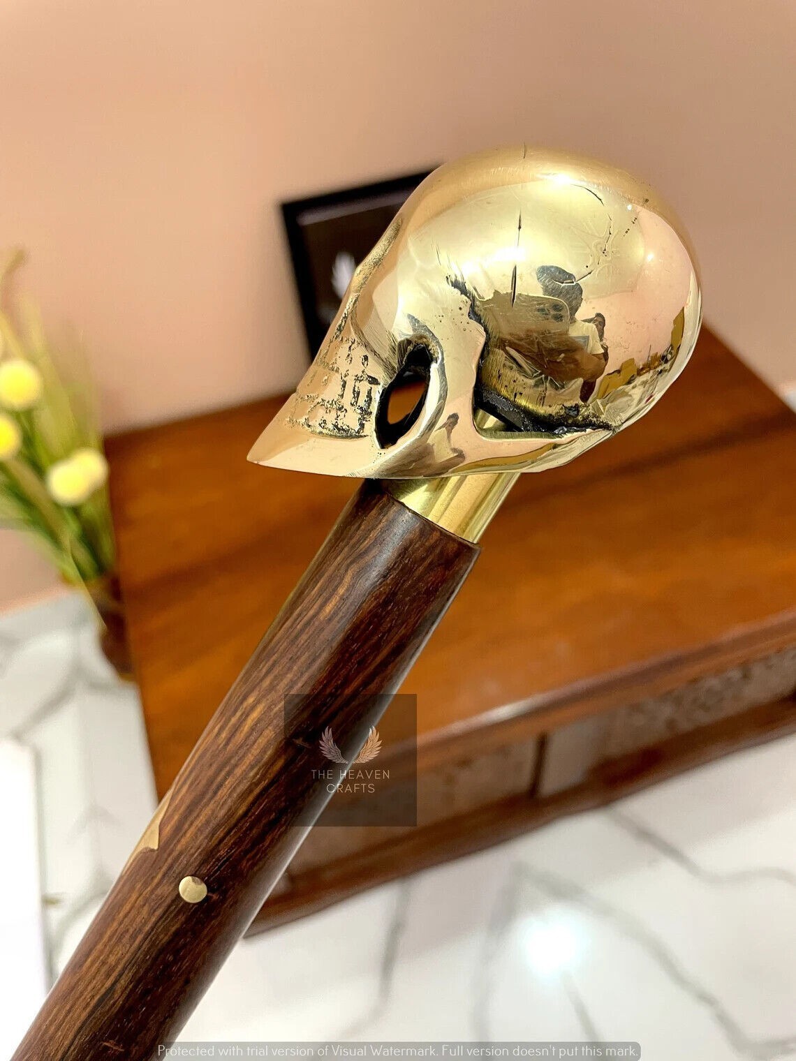 Solid Brass skull head Handle Vintage Designer Wooden Walking Stick Cane Antique
